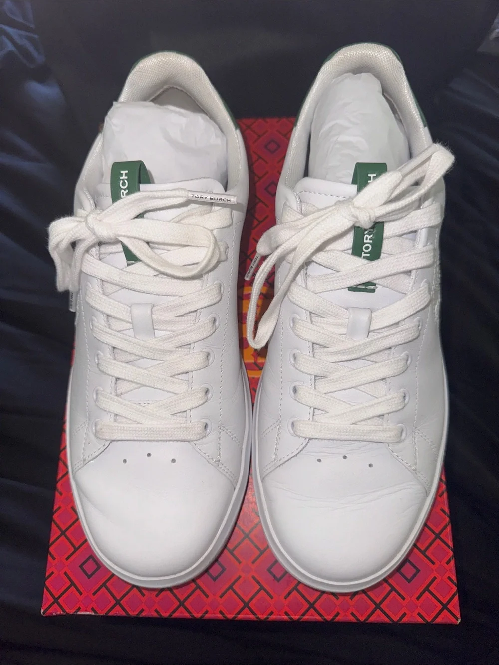 Tory Burch White Leather Sneakers with Green Heel Patch